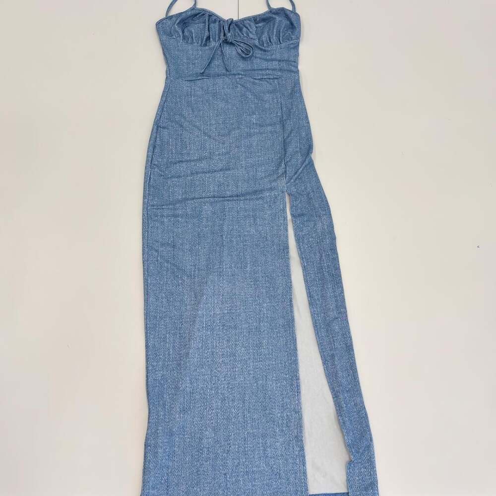 Unbranded Denim Print High Slit Maxi Dress